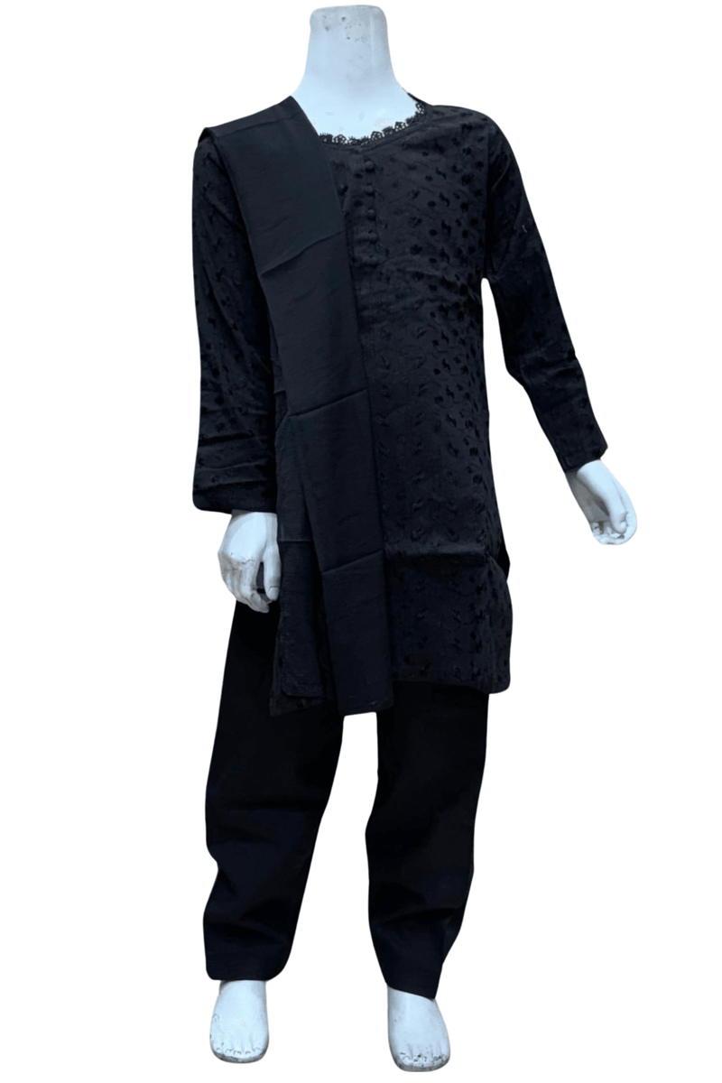 Girls Black Chikan Embroidered Cotton Salwar Kameez