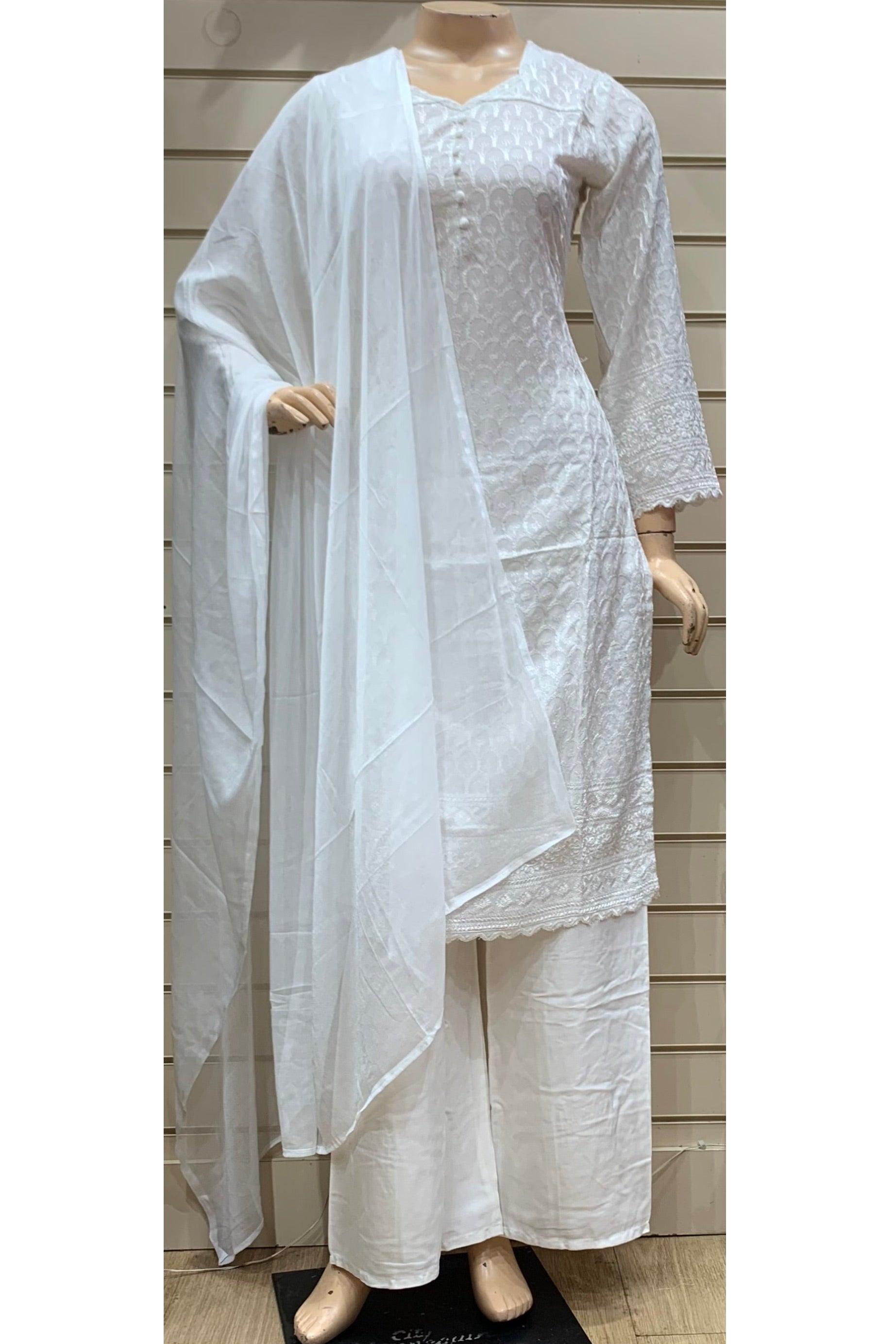 White Embroidered Rayon Palazzo Suit